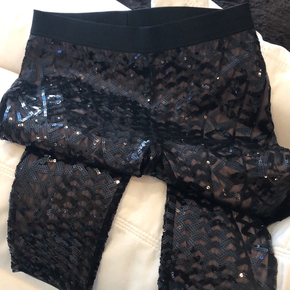Black Sequins + Mesh Pattern, Beige Lined Stretch… - image 1